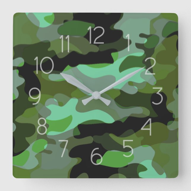 Green Tone Camouflage Pattern Square Wall Clock (Front)