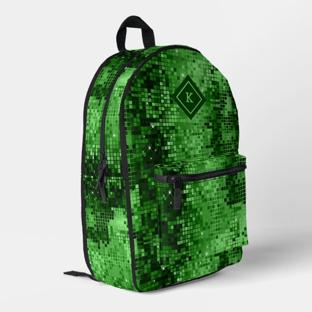 Green tones disco mirrors glitter pattern printed backpack (Back Corner Left)