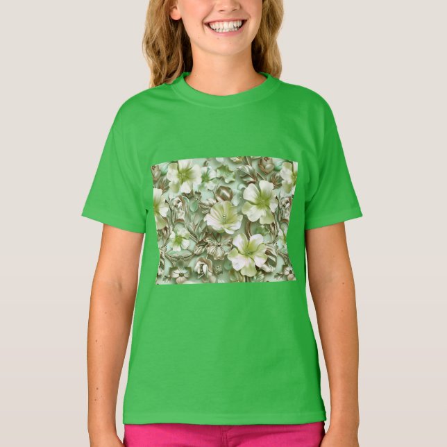 Green tones, Floral Pattern T-Shirt (Front)