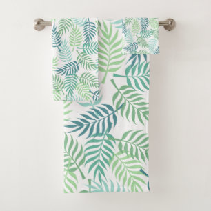 Green tones tropical plam leaves pattern rug bath towel set