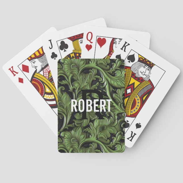 Green tooled leather monogram name  playing cards (Back)