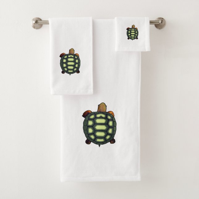 Green tortoise on white  bath towel set (Insitu)