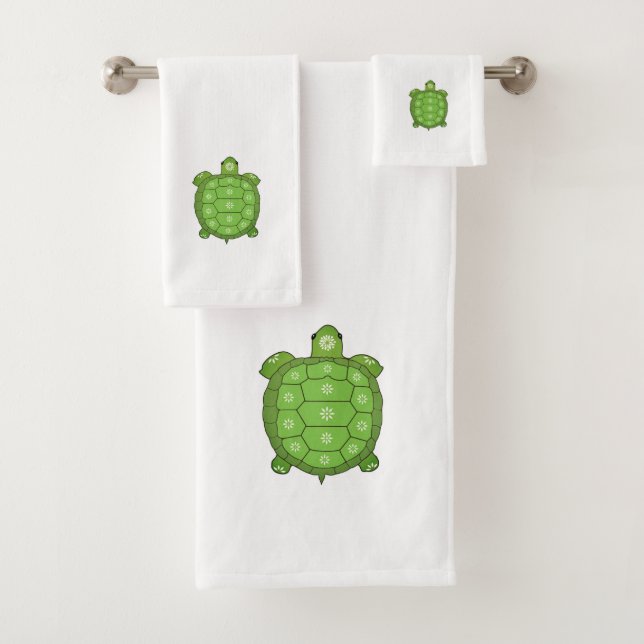 Green tortoise ornamented with flowers on white  bath towel set (Insitu)