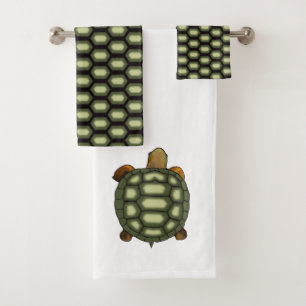 Green tortoise & tortoise skin pattern on white bath towel set