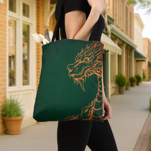 Green Tote Bag with Colourful Dragon Print