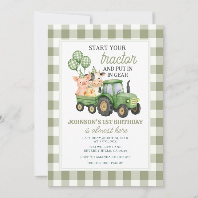 Green Tractor 1st Birthday Invitation (Front)