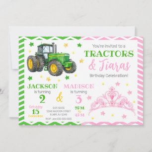 Green Tractor and Princess Joint Birthday Invitation