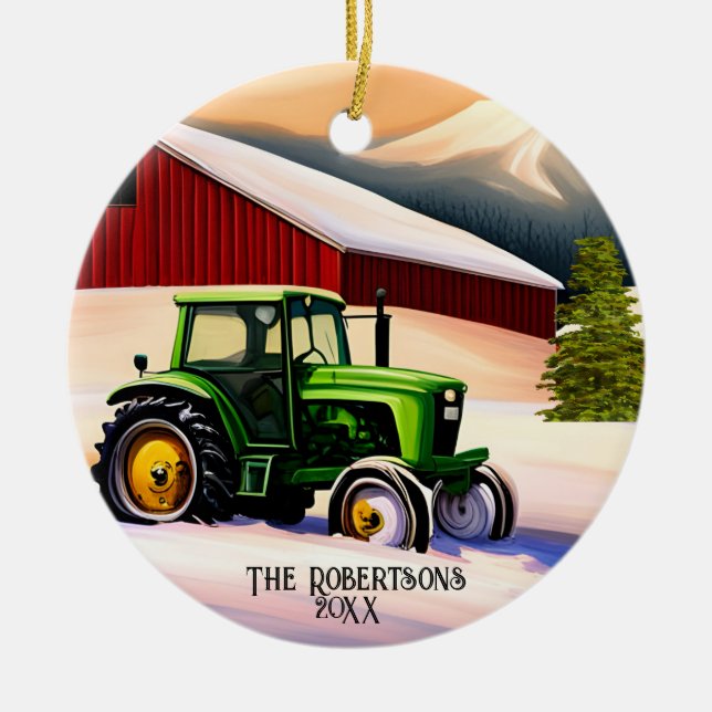  Green Tractor and Red Barn Ceramic Ornament (Front)