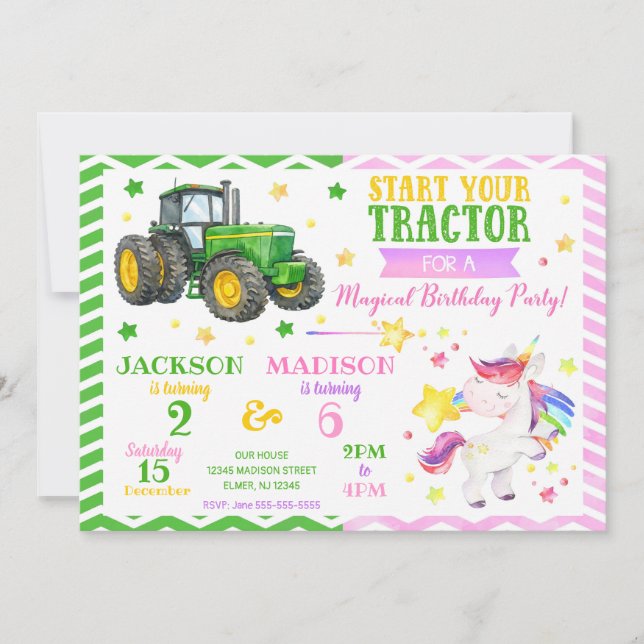 Green Tractor and Unicorn Joint Birthday Invitation (Front)