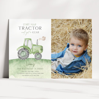 Green Tractor Anniversaire Photo Invitation