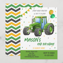 Green Tractor Balloon Birthday Invitation