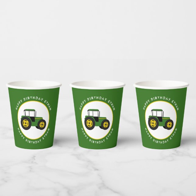 Green Tractor Birthday Custom Paper Cups (Multi)