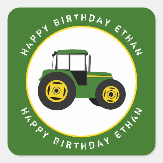Green Tractor Birthday Custom Square Sticker (Front)