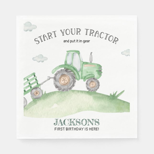 Green Tractor birthday napkins (Front)