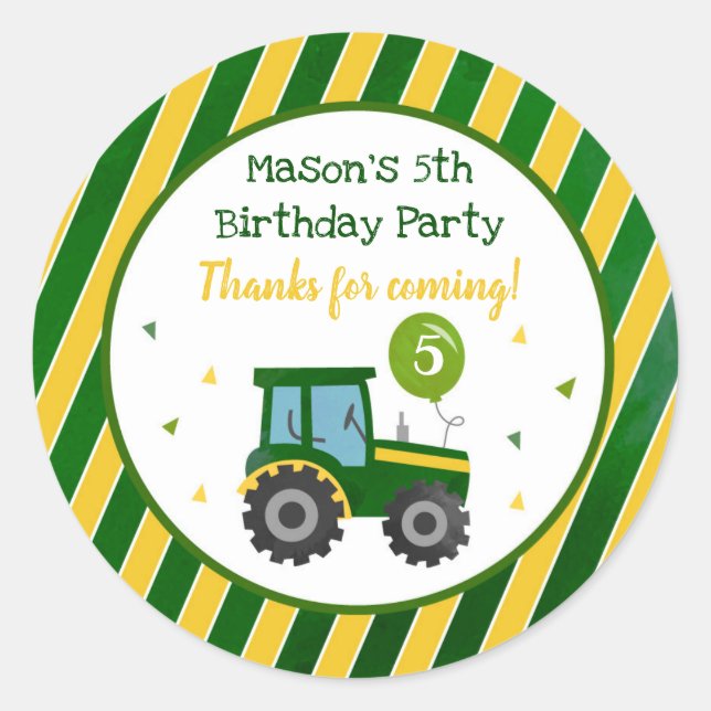 Green Tractor Birthday Party Favour Stickers Label (Front)