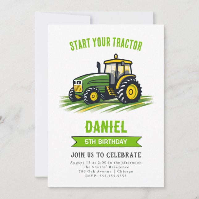 Green Tractor Birthday Party Invitation (Front)