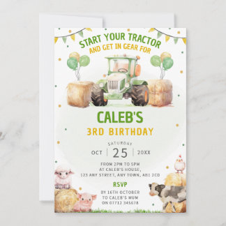 Green Tractor Birthday Party Invitation Farm Theme