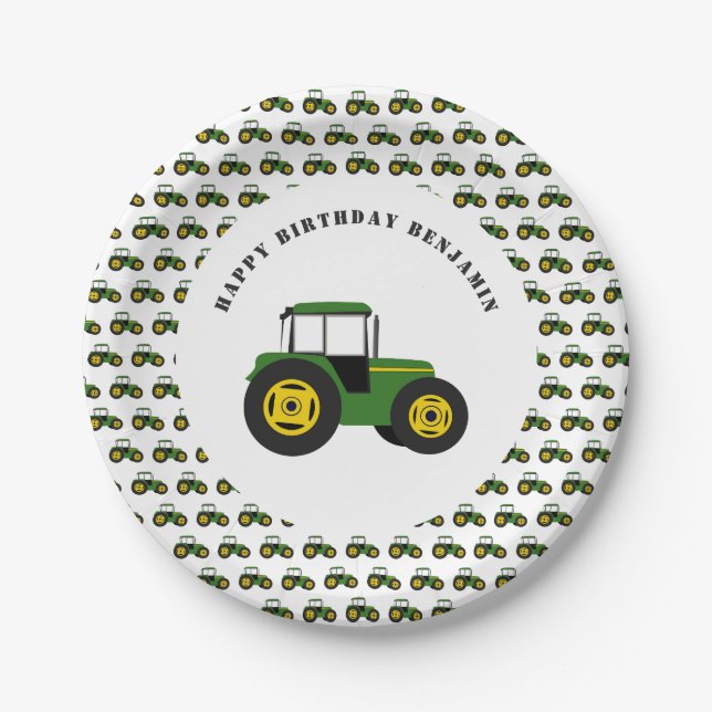 Green Tractor Birthday Personalized Paper Plates (Front)