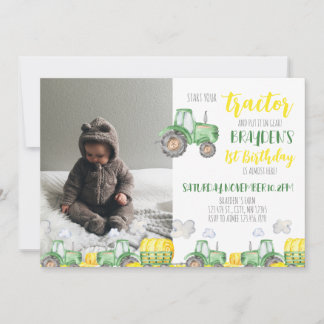 Green Tractor Birthday Photo Invitation