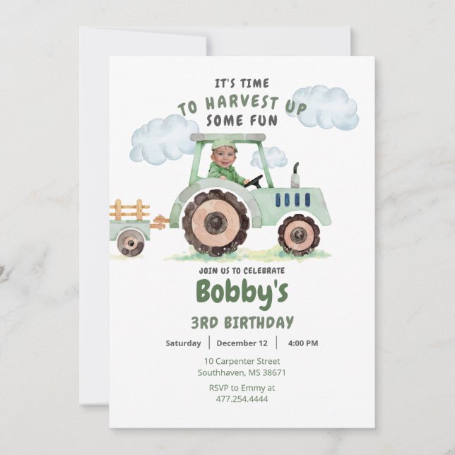 Green Tractor Boys Any Age Birthday Photo Invitati Invitation (Front)