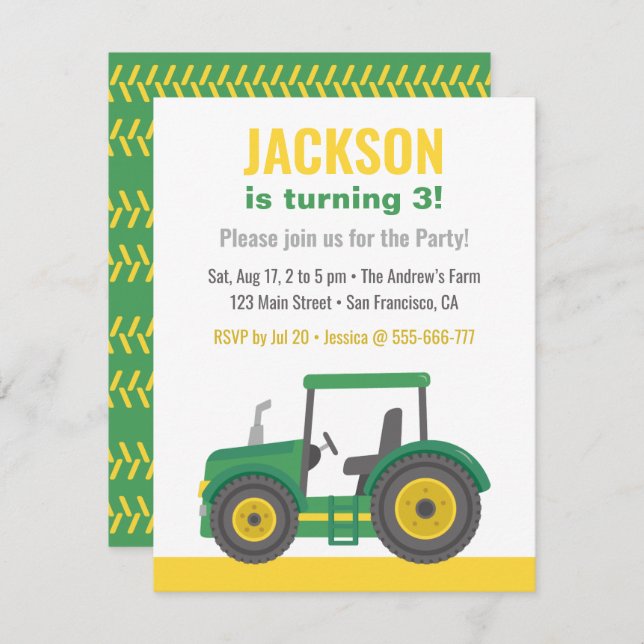 Green Tractor Boys Birthday Party Invitation (Front/Back)
