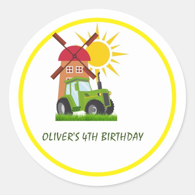 Green Tractor Boys Themed Birthday Party  Classic Round Sticker (Front)