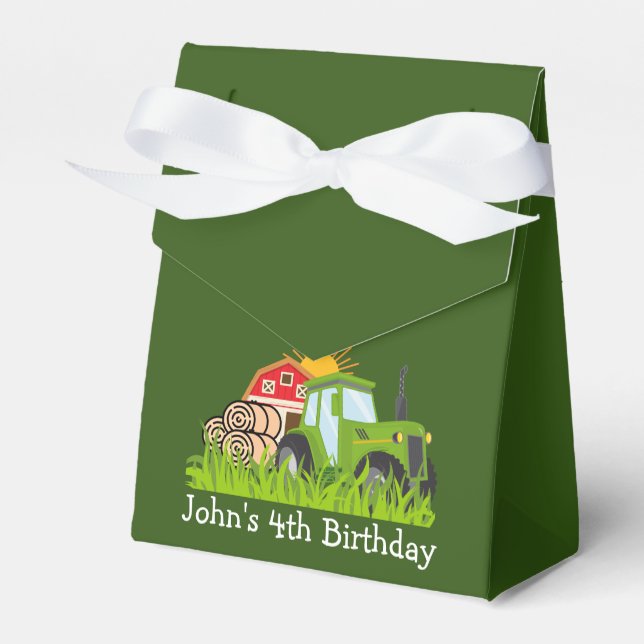 Green Tractor |	Boys Themed Birthday Party Favor Box (Front Side)