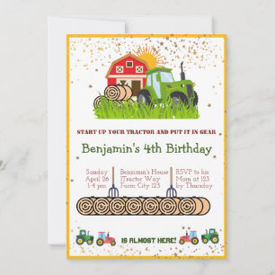 Green Tractor Boys Themed Birthday Party Invitation