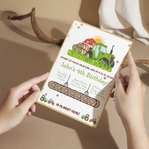 Green Tractor  	Boys Themed Birthday Party Invitation