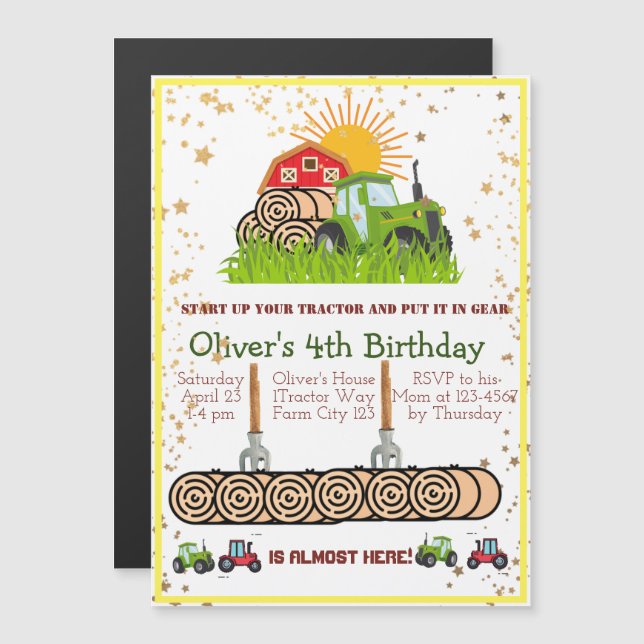 Green Tractor | Boys Themed Birthday Party  Magnetic Invitation (Front/Back)