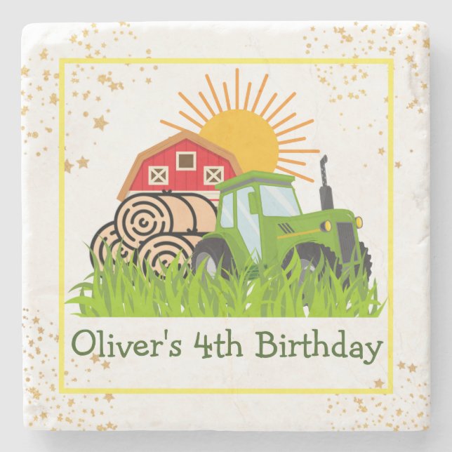 Green Tractor | Boys Themed Birthday Party Stone C Coaster (Front)