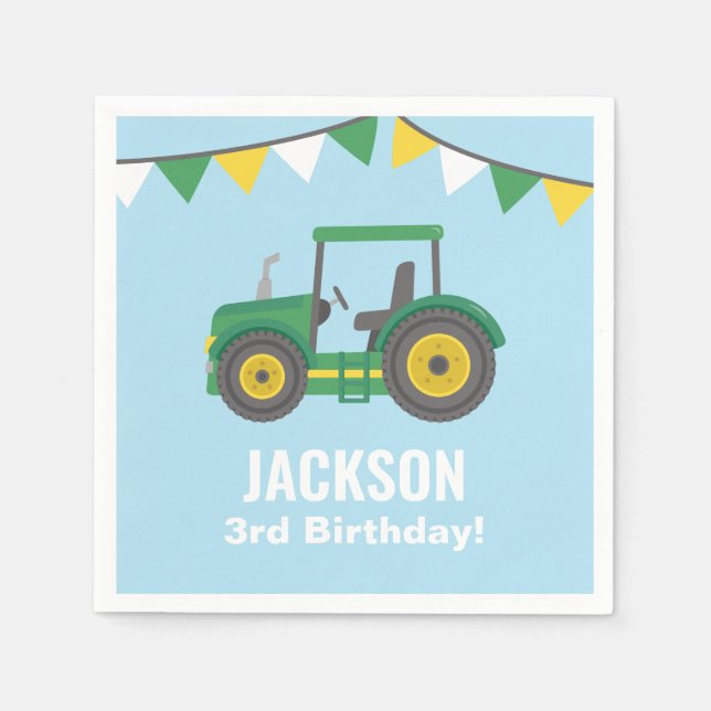 Green Tractor Bunting Flags Birthday Party Napkin (Front)