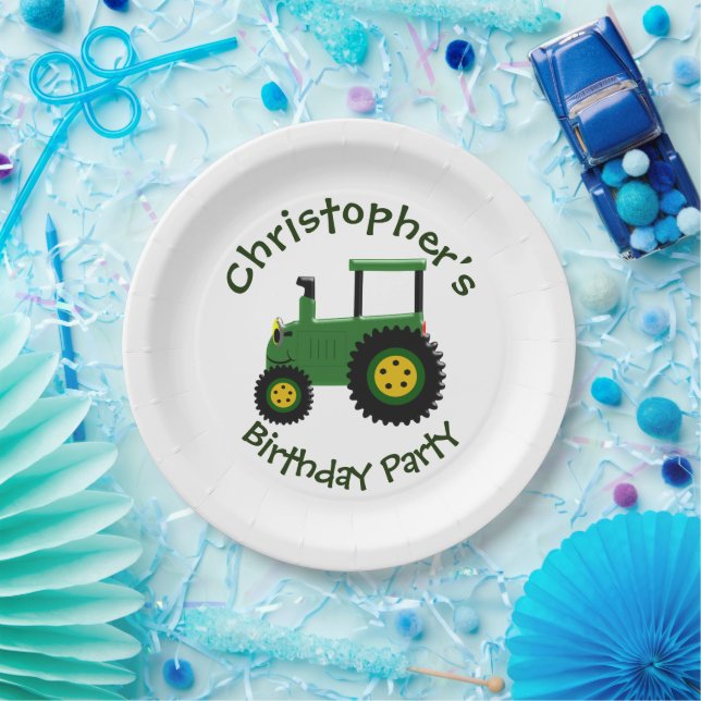 Green Tractor Design Personalised Birthday Party Paper Plate (Party)