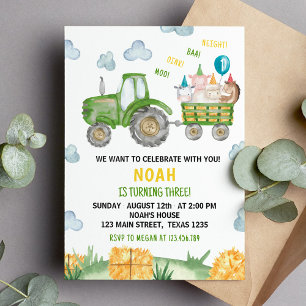 Green Tractor Farm Animal 3rd Birthday Invitation