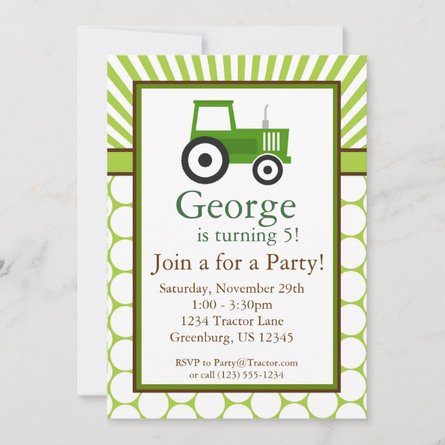 Green Tractor - Farm Birthday Party Invite (Front)