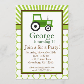 Green Tractor - Farm Birthday Party Invite