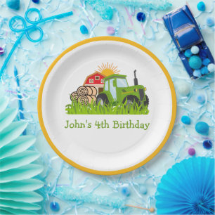 Green Tractor Farm Boys Birthday Personalized Text Paper Plate