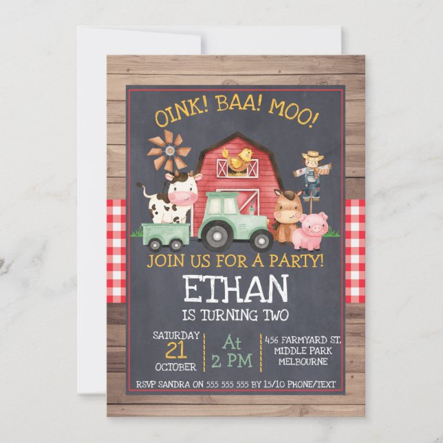 Green Tractor Farm Chalkboard Birthday Invitation (Front)