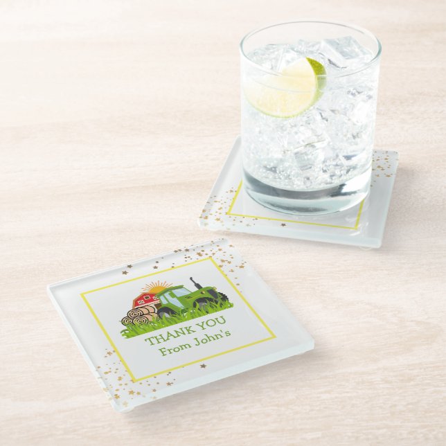 Green Tractor | Farm Theme Birthday Party Decor Glass Coaster (Angled)