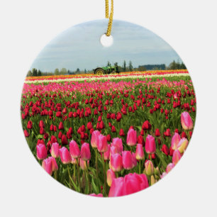 Green Tractor in Tulip Field, Oregon Ceramic Ornament