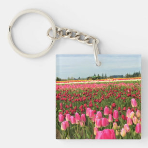 Green Tractor in Tulip Field, Oregon Keychain