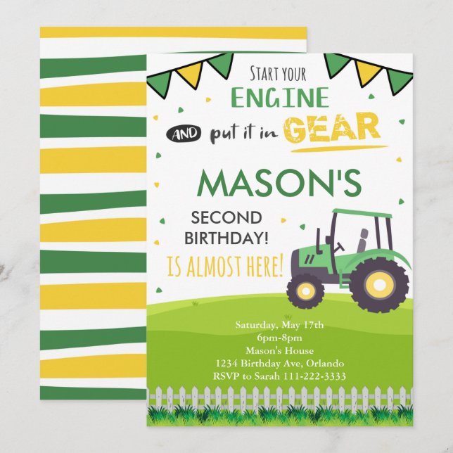 Green Tractor Invitation de fête d'anniversaire (Devant / Derrière)