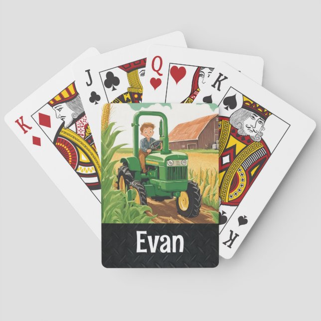 Green Tractor Kid's Name Farmer Equipment Field Playing Cards (Back)