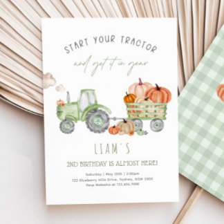 Green Tractor & Pumpkins Birthday Party Invitation