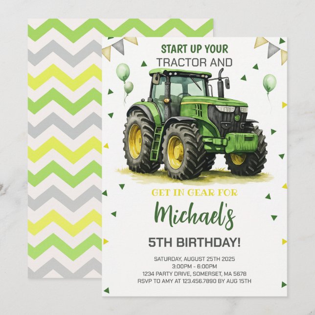 Green Tractor Theme Birthday Party Invitation (Front/Back)
