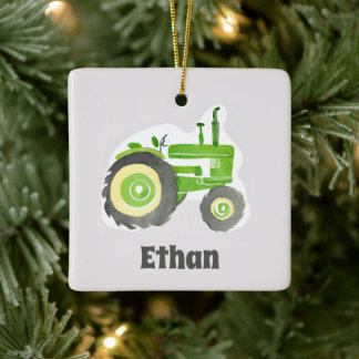 Green Tractor Watercolor Personalized Farm Decor Ceramic Ornament