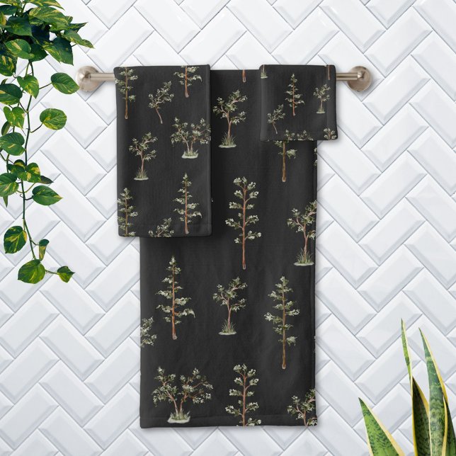 Green Tree Forest Pattern Bath Towel Set (In situ Bathroom wall)
