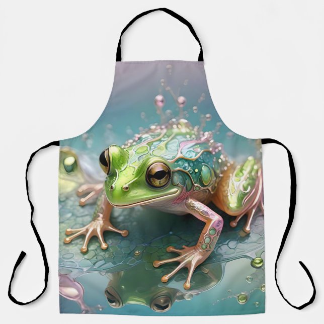 Green Tree Frog Fractal Art, All-Over Print Apron (Front)