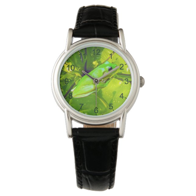 Green Tree Frog, Ladies Leather Watch (Front)