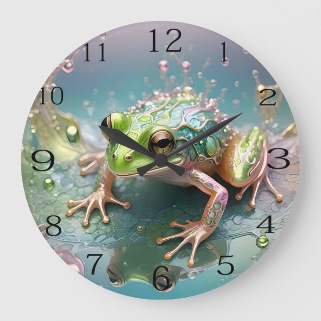 Green Tree Frog Reflections Fractal Art, Large Clock (Front)
